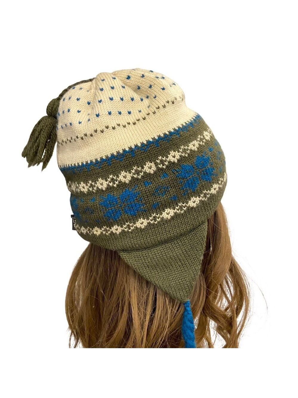 Hand-Knit Wool Earflap Hat By Les Tricots DDC Green/Blue/Ivory Winter Design Wit